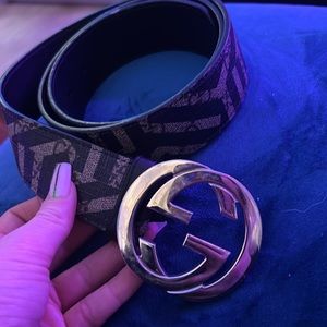 Gucci Black and Gold Interlocking G Logo Canvas Belt